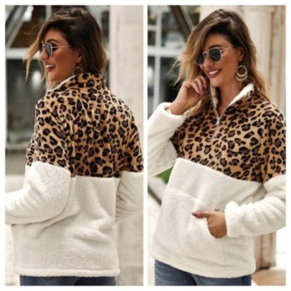 Leopard Fleece Sherpa 1/4 Zip Pullover Sweatshirt Women Size Large - Picture 4 of 6